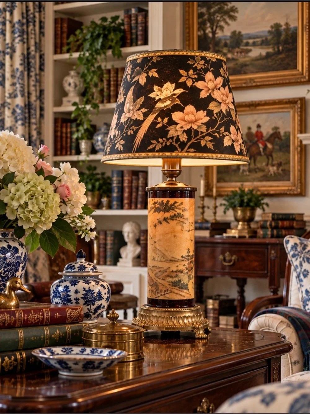 Title: Vintage Phillipe Pastoral Scene Cylinder Table Lamp Gold Tone